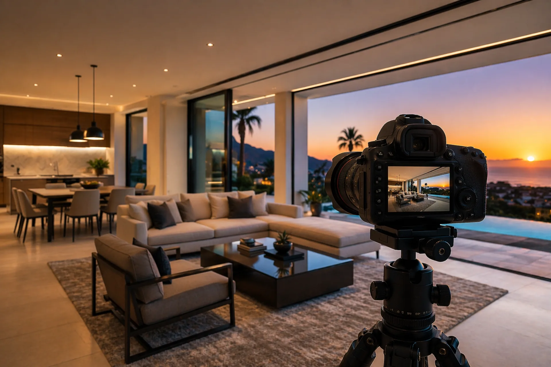 R/E Pro Photos photographer capturing a luxury home at twilight