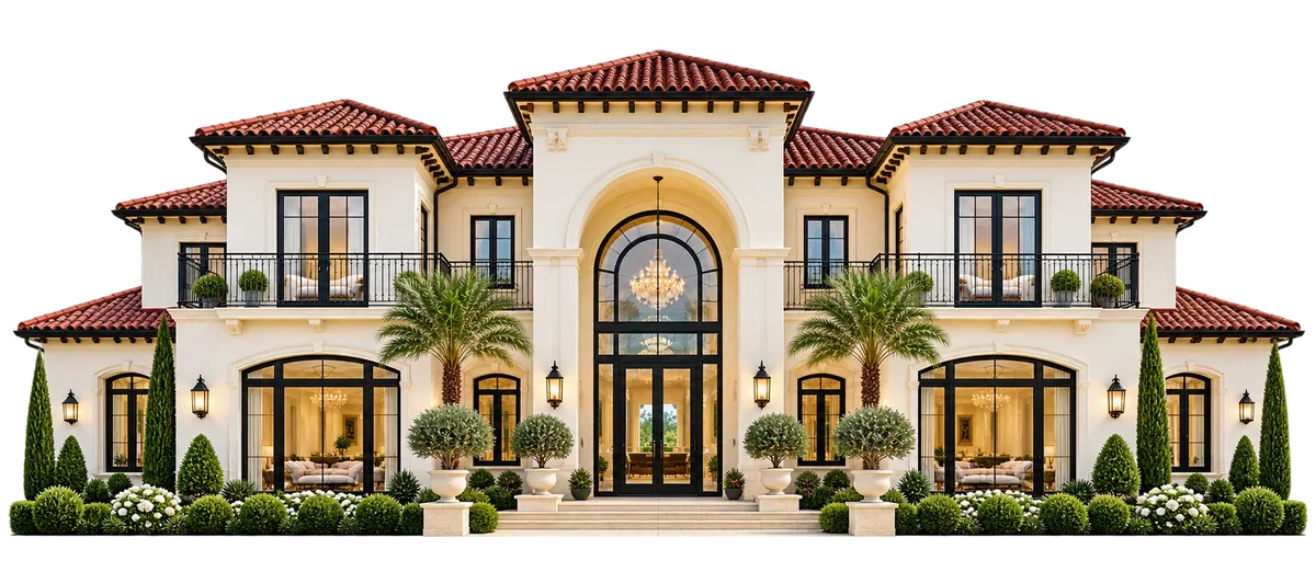 Illustration of a Mediterranean-style luxury home with a red tile roof