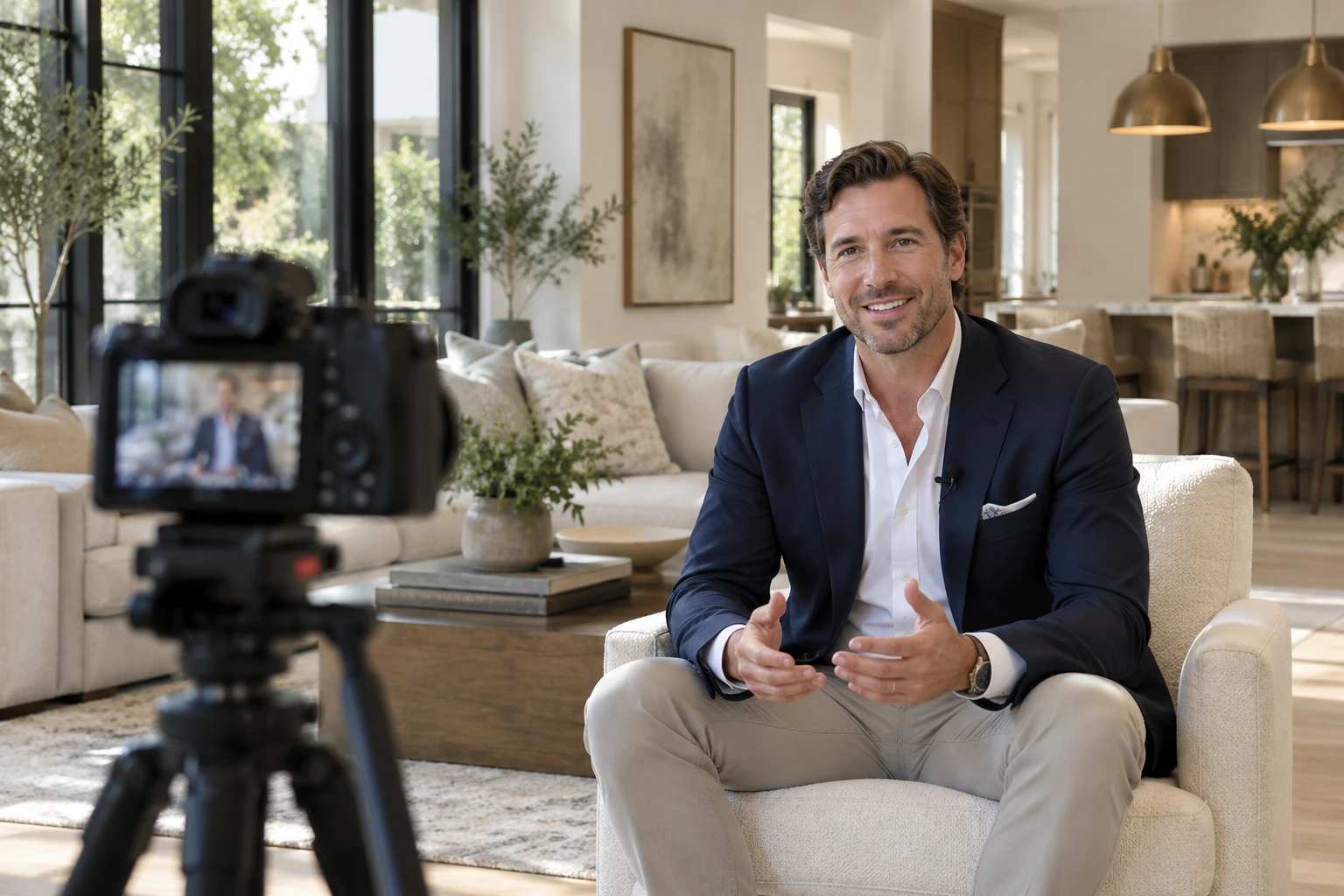 A real estate professional speaking to camera in a refined home interior