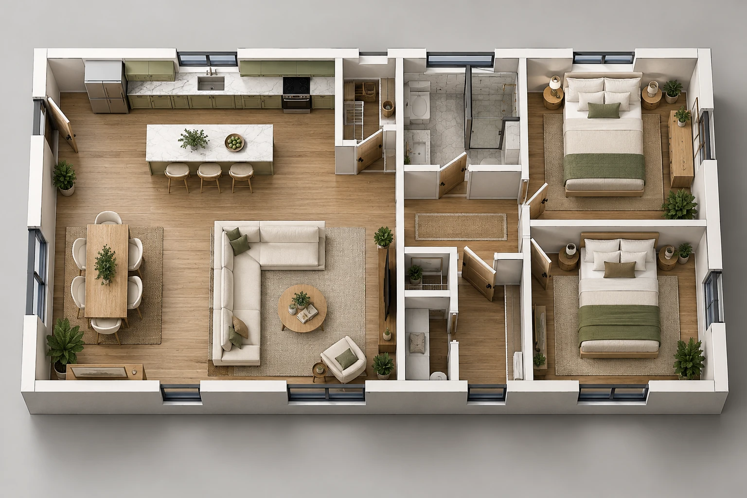 A clean three-dimensional floor plan showing furnished rooms and connected spaces