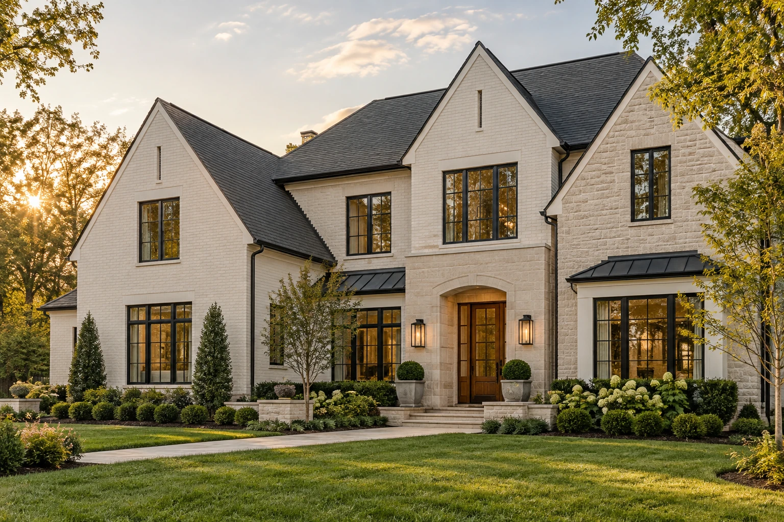 An elegant contemporary home photographed in warm late-afternoon light