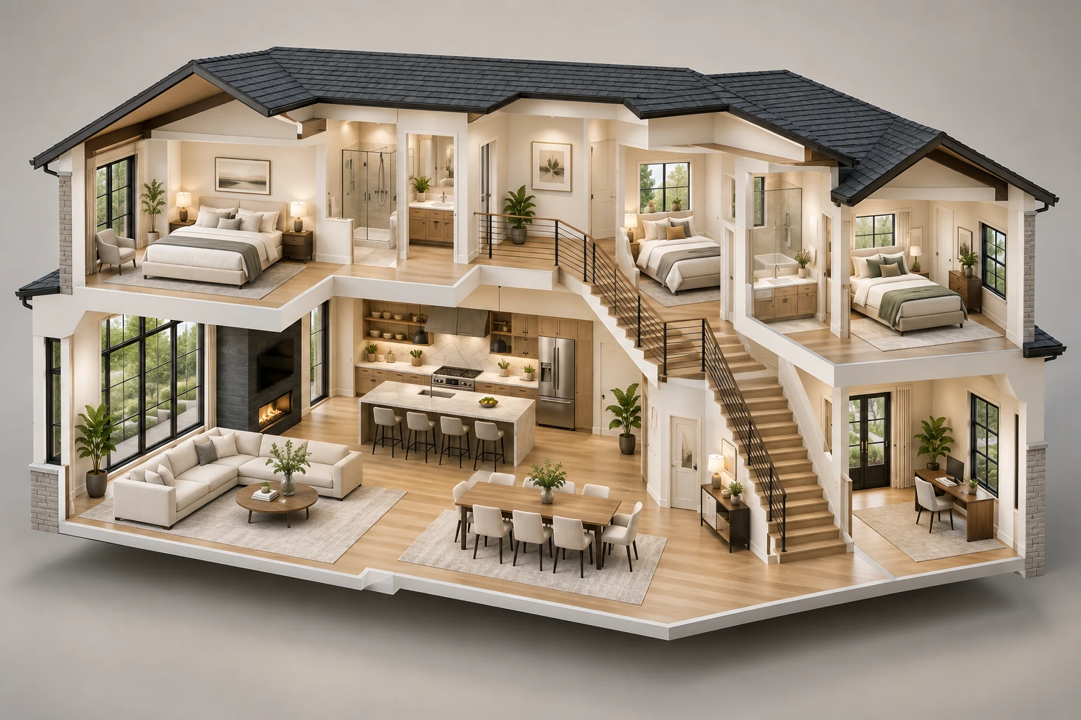 An illustrative three-dimensional dollhouse view of a furnished home