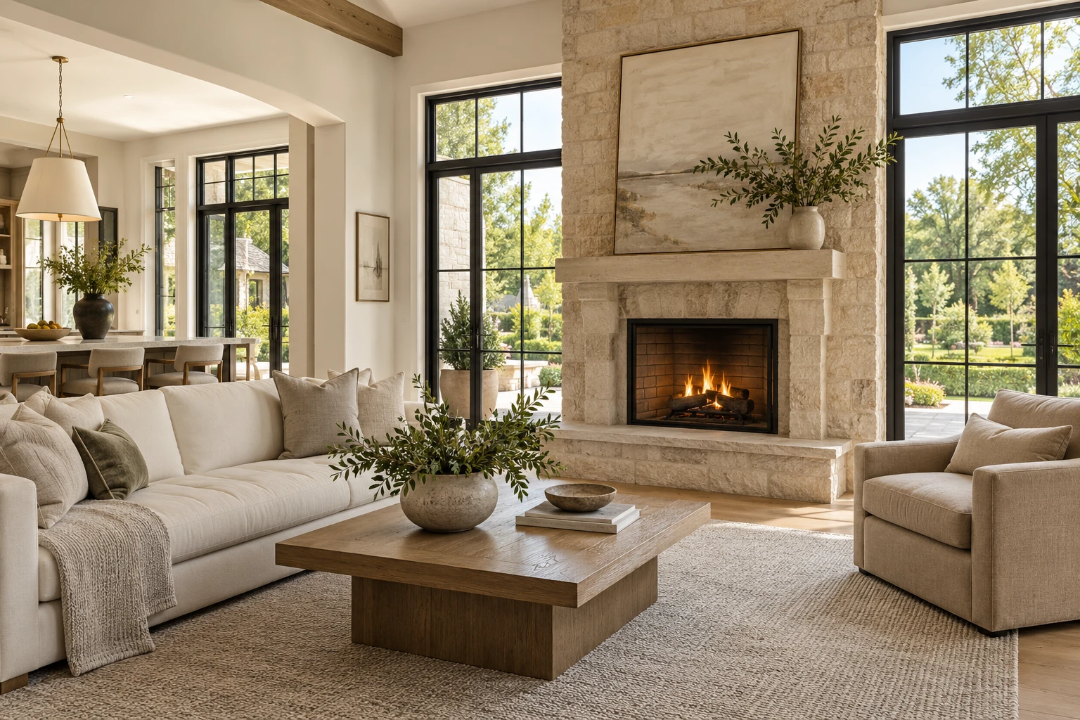 A bright, thoughtfully composed living room with natural color and architectural detail
