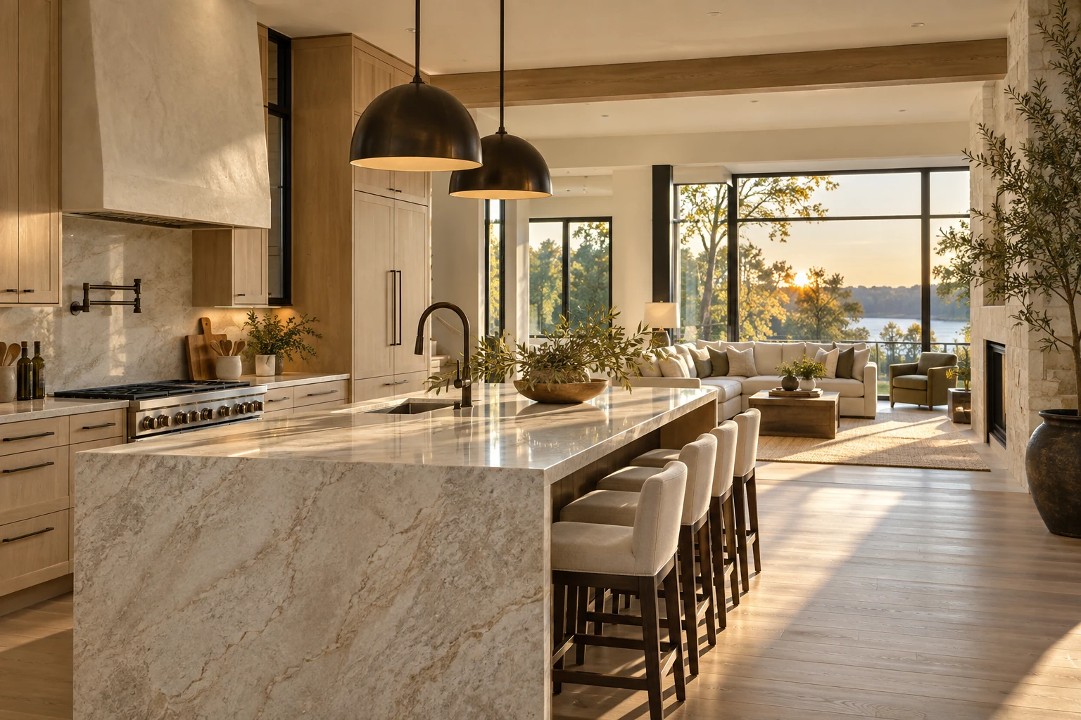 A cinematic view through a warm contemporary living space