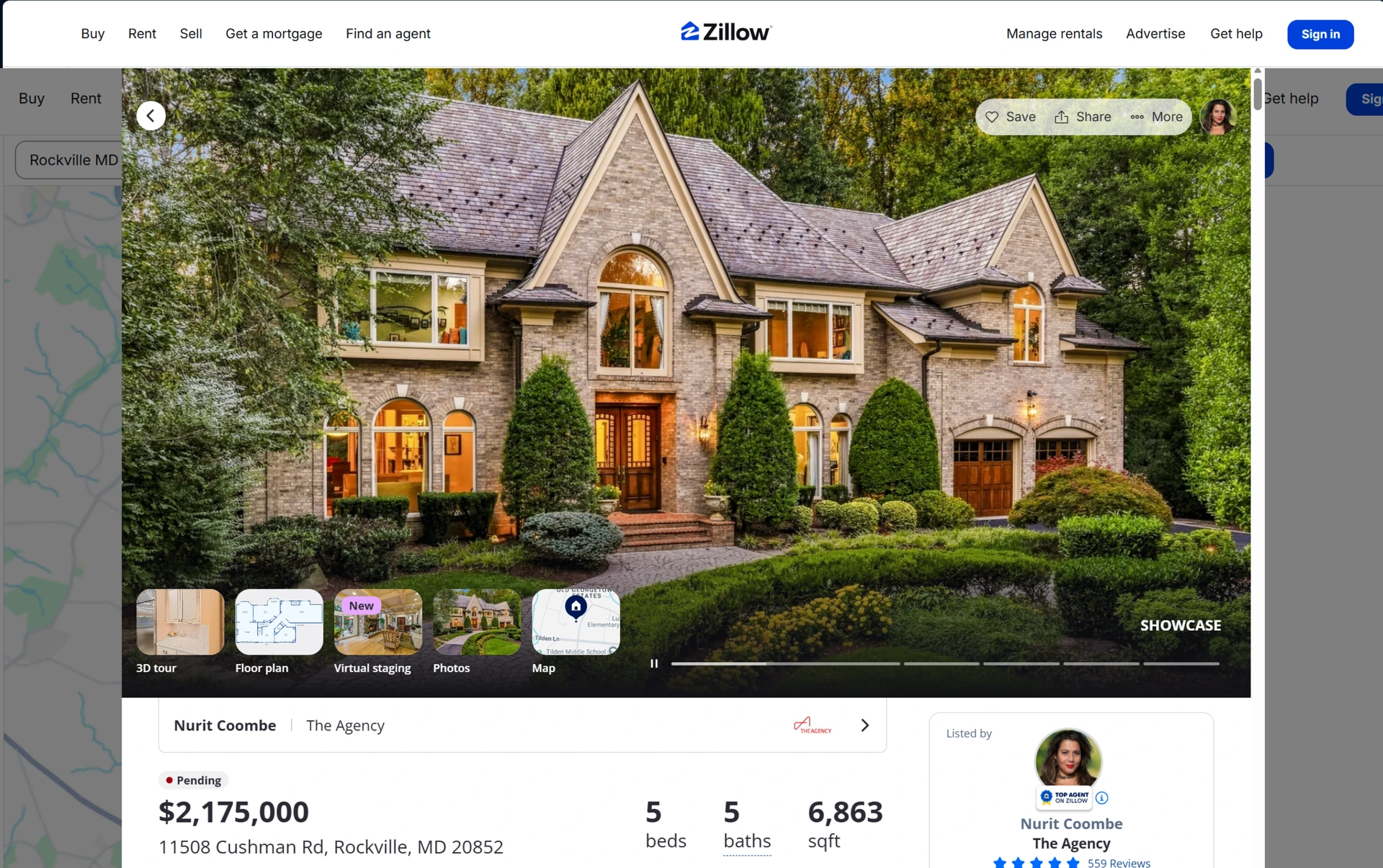 Real Zillow Showcase screenshot of 11508 Cushman Road, Rockville, displayed in a landscape tablet